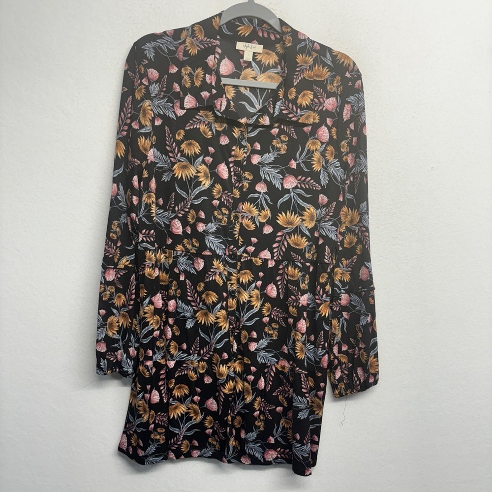 Style & Co Tunic Mini Floral‎ Button Down L Black